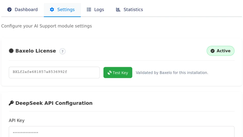 Ajustes: Licencia, tu propia clave y modelo de DeepSeek, y las tarifas con las que se calcula cada llamada.
